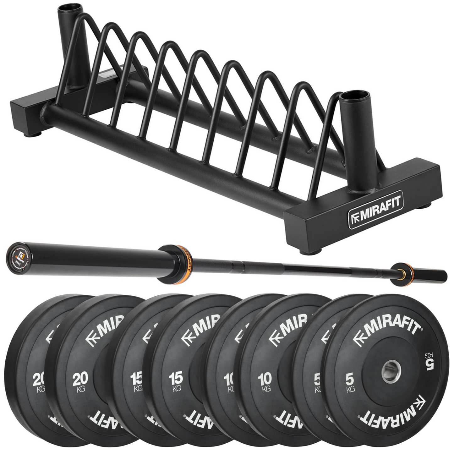 Mirafit M3 Olympic Barbell With Bumper Plate Set & Weight Storage Stand