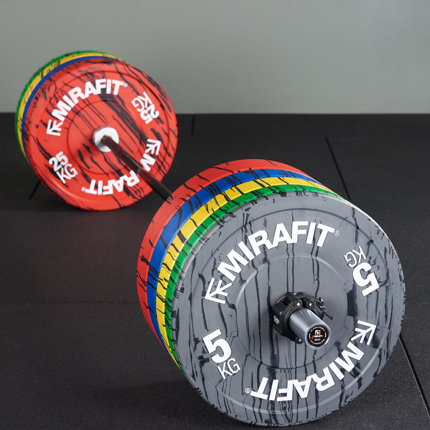 Mirafit M3 Barbell With 150kg Colour Bumper Plate Set & Weight Storage Stand